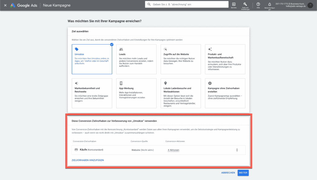 neue Kampagne: Conversion-Zielvorgaben festlegen