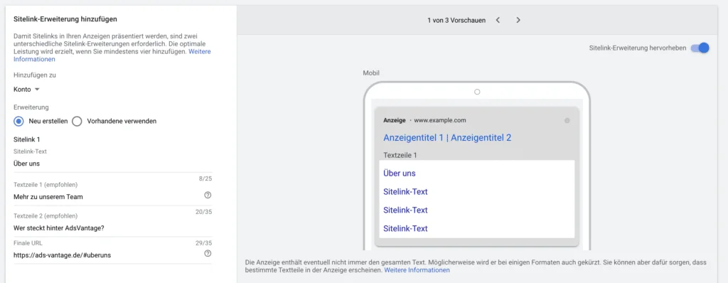 Google Ads Anzeigenerweiterung - so erhöhst du deine Klickraten 5 Sitelink-Erweiterung