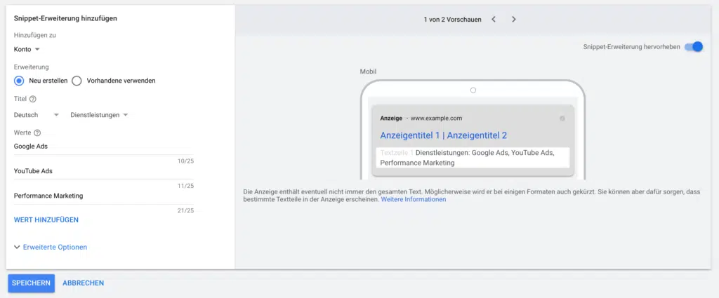 Google Ads Anzeigenerweiterung - so erhöhst du deine Klickraten 6 Snippet-Erweiterung