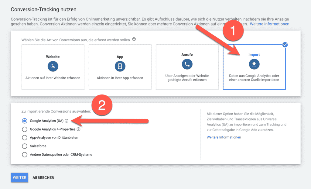 Google Analytics Zielvorhaben in Google Ads importieren: Schritt 2