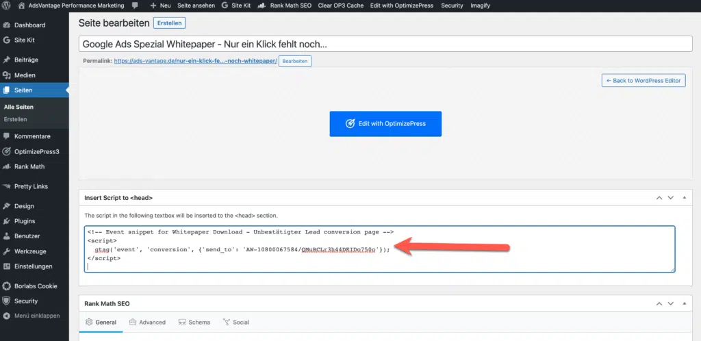 Google Ads Conversions in Wordpress & WooCommerce einbinden 7 Head and footer Scripts Event