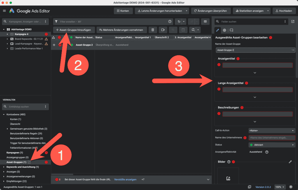 Google Ads Editor: Asset-Gruppe