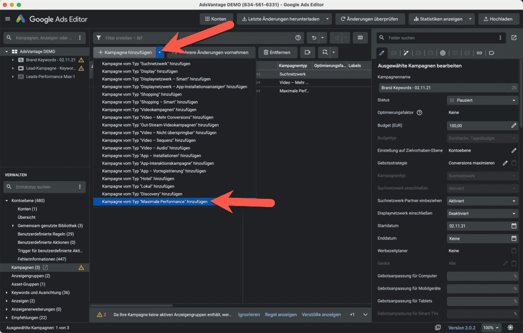 Google Ads Editor: Maximale Performance Kampagne