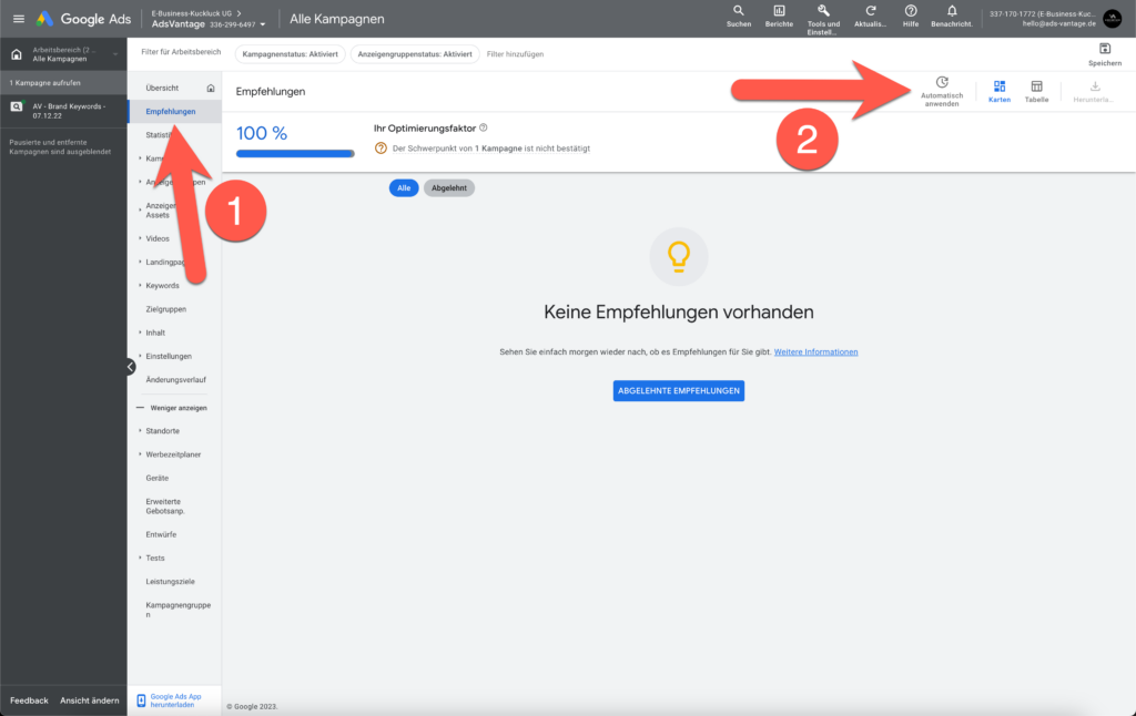 Automatische Google Ads Empfehlungen