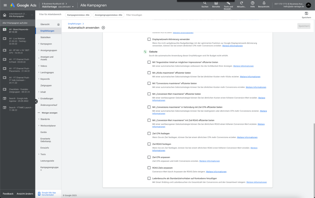Automatische Google Ads Empfehlungen Gebote