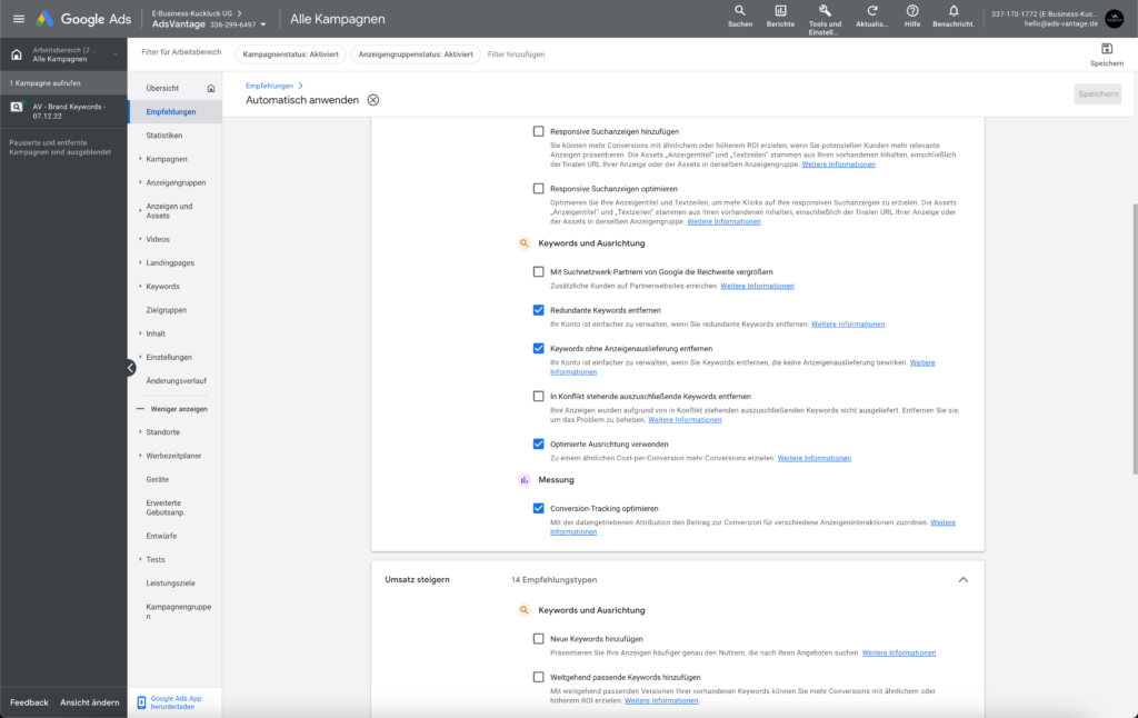 Automatische Google Ads Empfehlungen Keywords und Ausrichtung