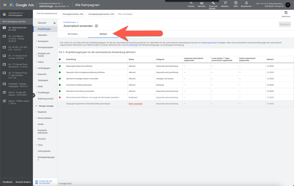 Automatische Google Ads Empfehlungen Verlauf