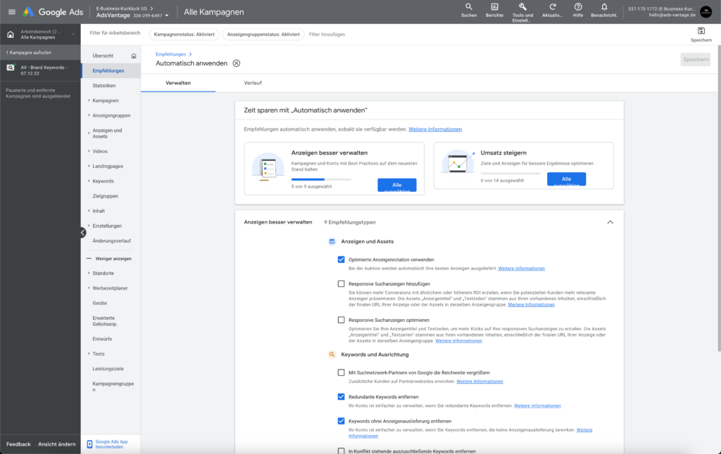 Automatische Google Ads Empfehlungen verwalten
