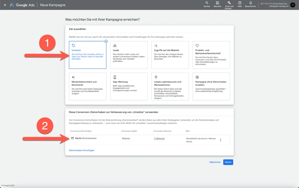 Google Ads für Onlineshops 2023 - Teil 3: Standard-Shopping 3 Kampagnenziel und Conversion-Aktionen