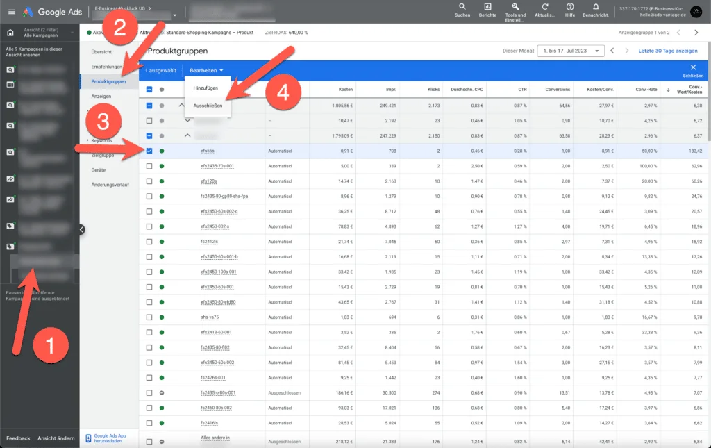 Google Ads für Onlineshops 2023 - Teil 3: Standard-Shopping 7 Produkt ausschließen