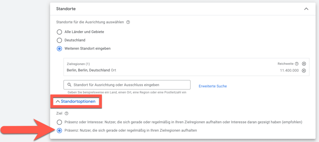 Google Ads Standortoptionen