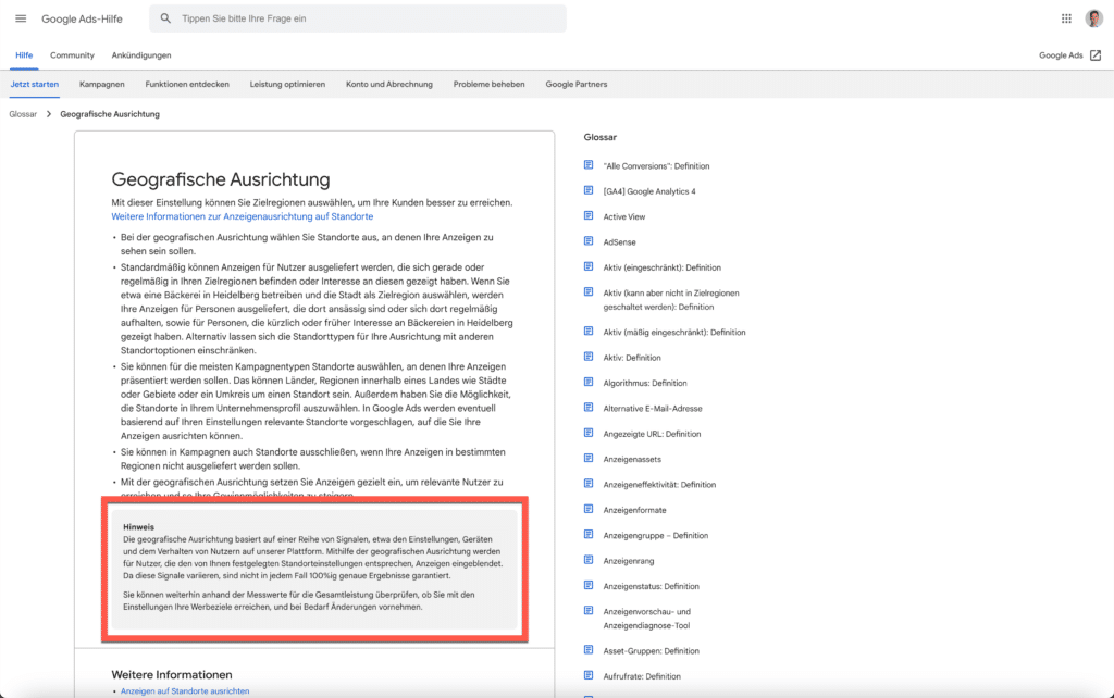 Google Ads geografische Ausrichtung
