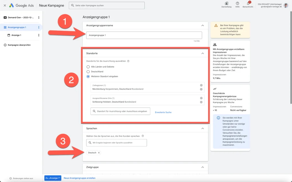Demand Gen Google Ads: Kampagne erstellen & Best Practices 17 Demand Gen Anzeigengruppe Standorte Sprache