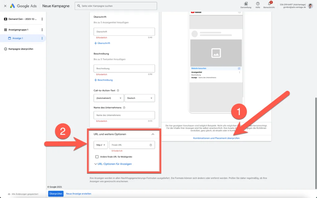 Demand Gen Google Ads: Kampagne erstellen & Best Practices 28 Demand Gen Kombinationen und Placements prüfen URL