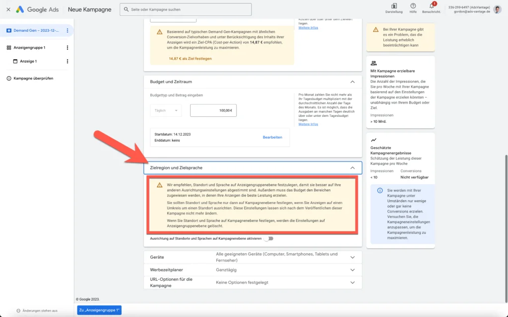 Demand Gen Google Ads: Kampagne erstellen & Best Practices 14 Demand Gen Zielregion und Zielsprache