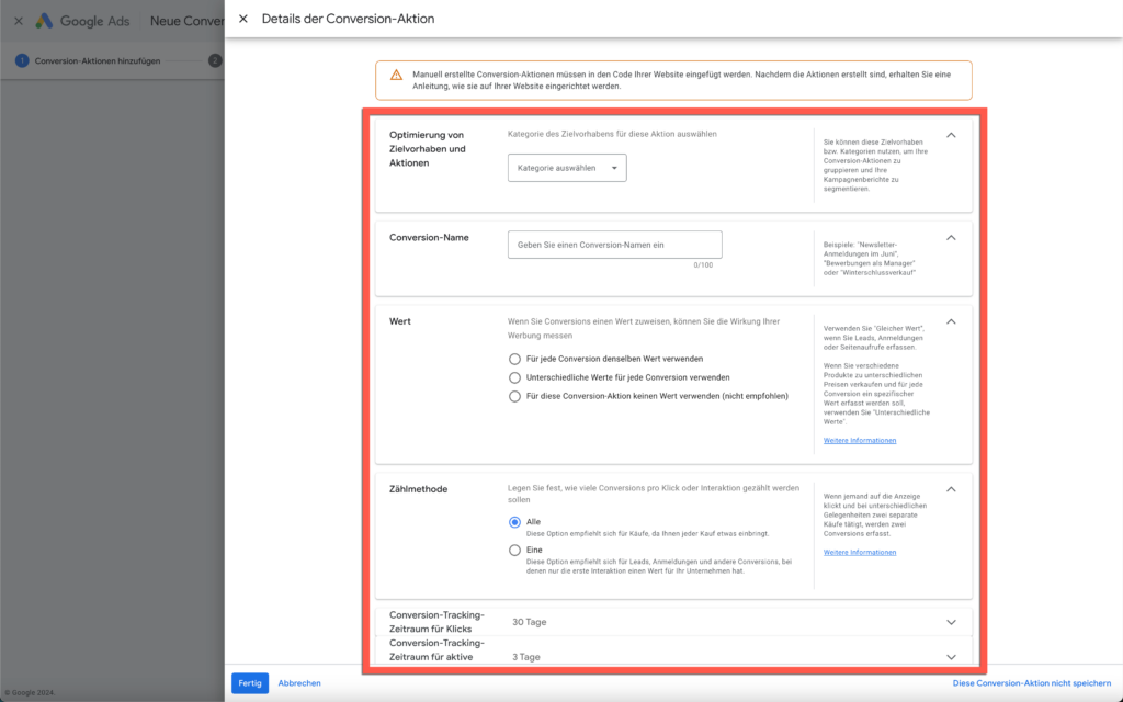 Conversion Aktion manuell hinzufügen