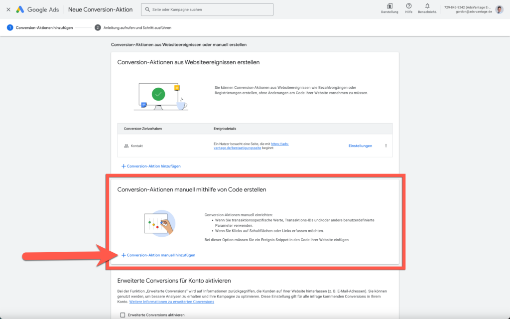 Conversion Aktion manuell mithilfe von Code erstellen