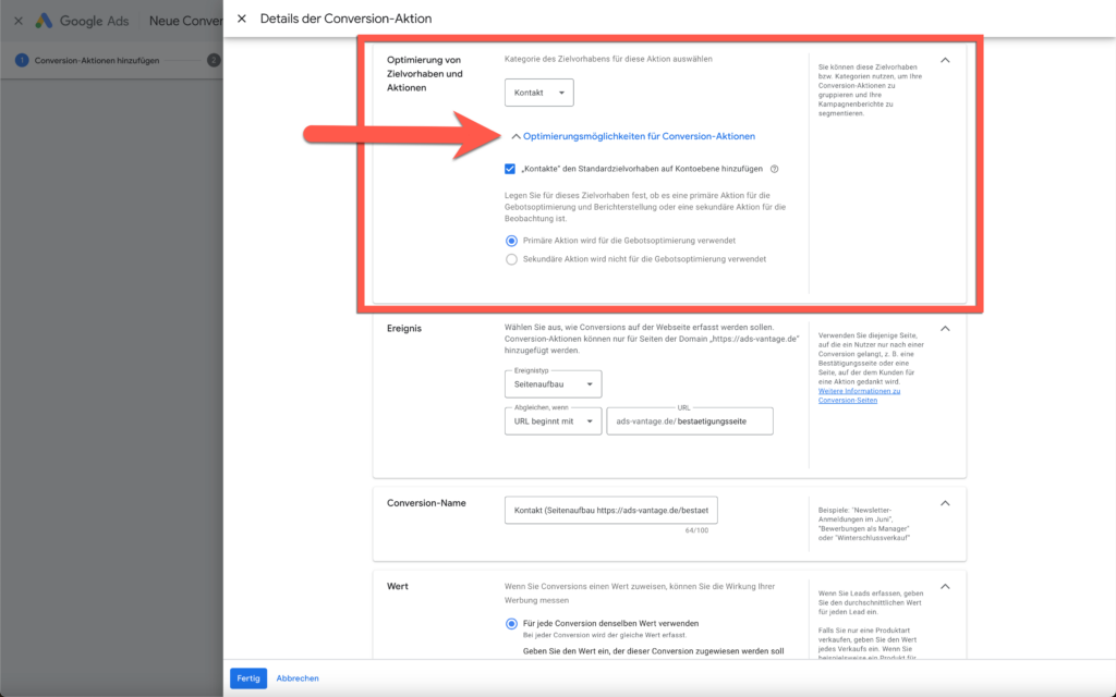 Optimierung von Zielvorhaben und Aktionen